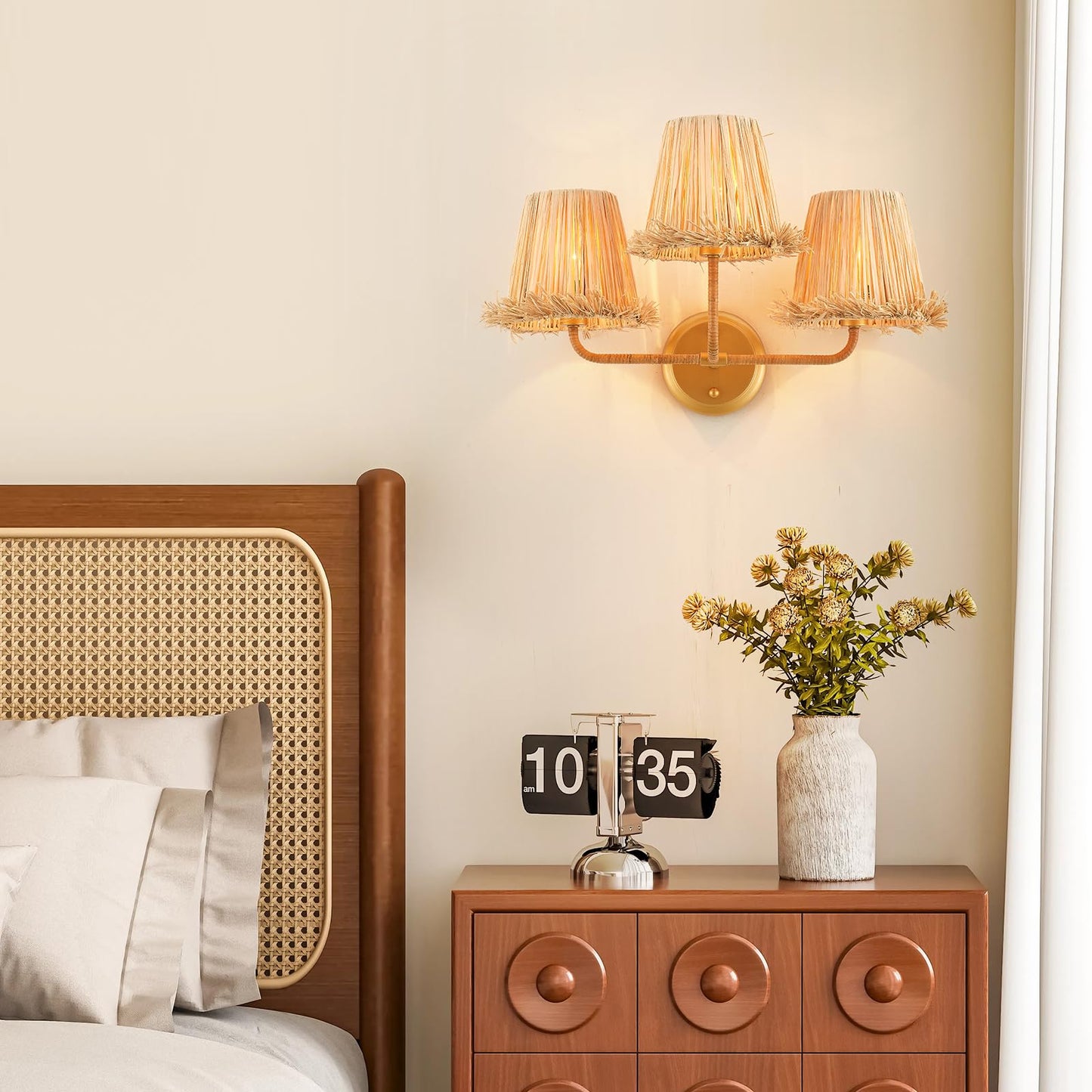 MhyTogn Boho Hand Woven Rattan Wall Sconces 3-Lights Wall Lamp Coastal Brass Wall Lights for Hallway Vanity Bedside Doorway, UL Listed