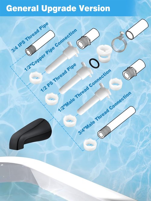 Universal Tub Spout with 5 in 1 Adapter, Bathtub Faucet Replacement Without Diverter, 5" Length, Fits 1/2", 3/4" IPS Thread for All Shower and Tub Faucet Brands (Black)