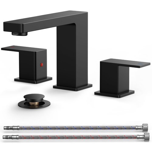FORIOUS Black Bathroom Faucets 3 Hole, Matte Black Bathroom Sink Faucet 8 Inch Widespread, 2 Handle for Restroom Sink with Pop Up Drain, CUPC Supply Hose and Spare Water Saving Aerator, Vanity 3 Holes