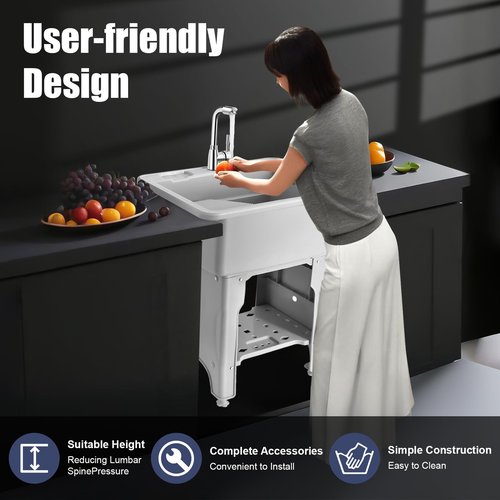 Freestanding Plastic Laundry Sink with Washboard for Hand Washing Clothes, Washing Room Laundry Tub Sink w/Faucet and Drain Kit for Basement Garage Laundry Room (Gray, 21.65"D x 25.59"W x 31.5"H)