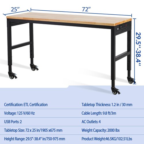 Adjustable Workbench 75' x 25', 2000 Lbs Load Capacity, 29.5"-38.4" Heights Garage Worktable with Universal Wheels & Power Outlet, Heavy-Duty Table for Workshop Office Home Commercial