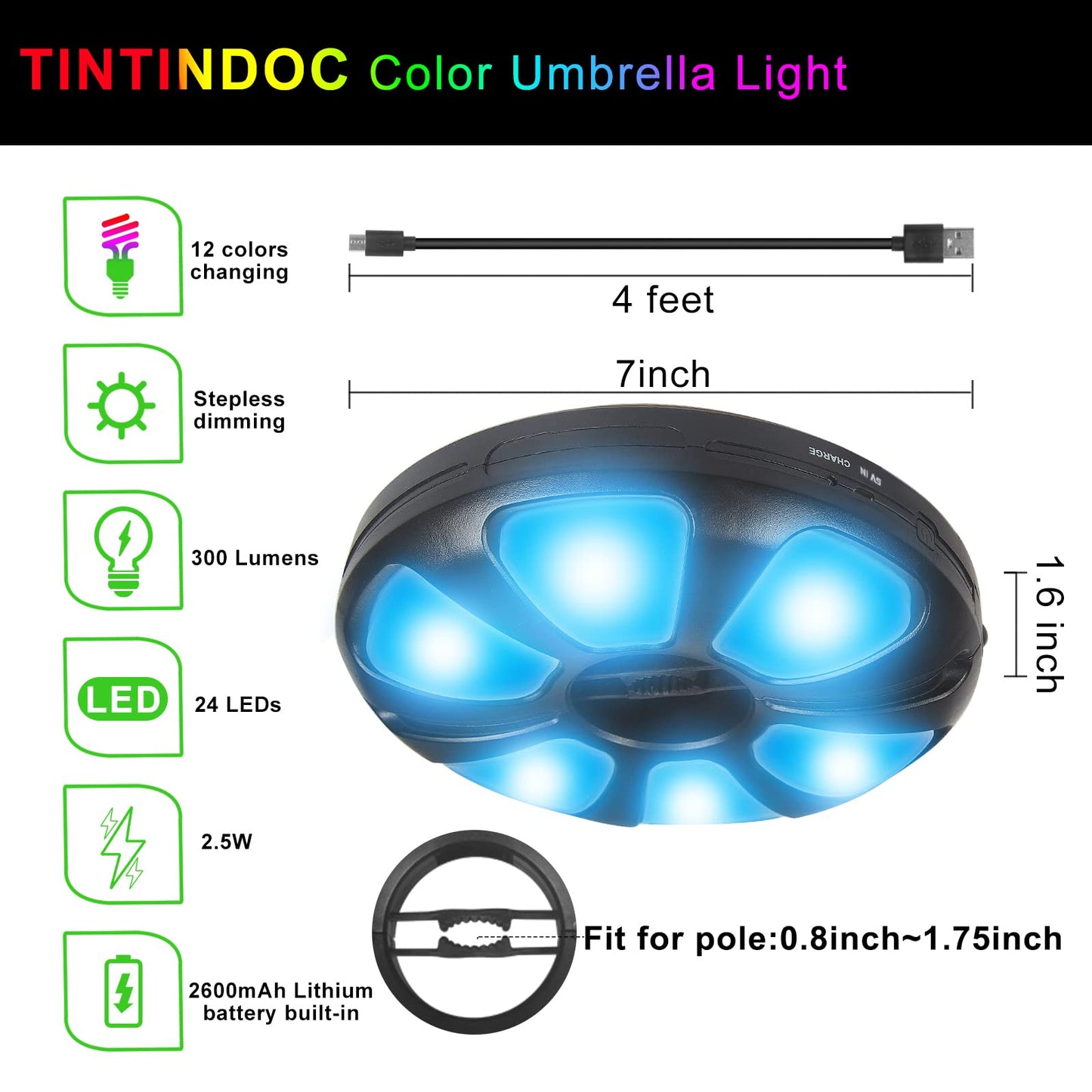 TINTINDOC Color Umbrella Light with Remote Outdoor/Patio Umbrella Light Rechargeable/AA Battery Umbrella Pole Light 300Lumen/Stepless Dimming Umbrella Light for Patio Table