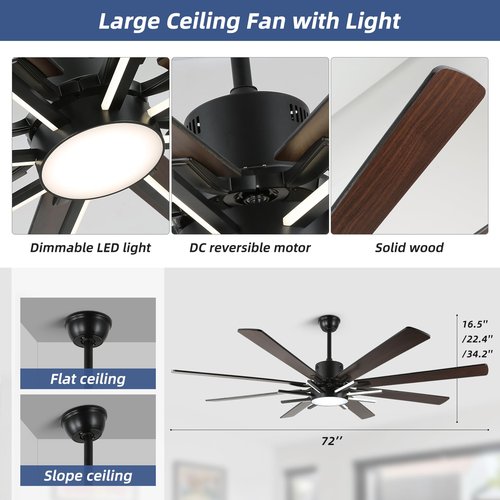 YYEHON 72 Inch Modern Ceiling Fan with Lights & Remote, Large Chandelier Ceiling Fan for Living Room, Patio, Farmhouse, 8 Blades & 9 Lights, 6-Speed Reversible DC Motor, 3 CCT, Black