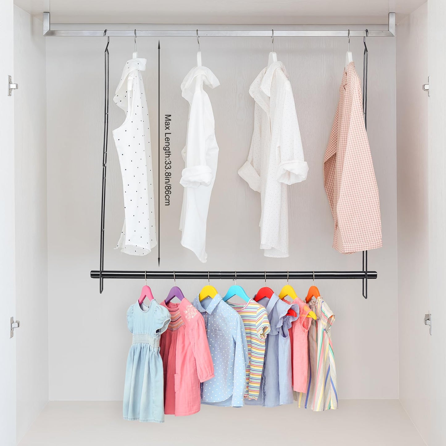 Closet Hanging Rod, 47.2in Wide Extension Closet Hanging Organizer, 6 Height Adjustable Hanging Closet Rods, Space Saving Heavy Duty Closet Rod for Hanging clothes and Towel up to 33.8 in long, Black