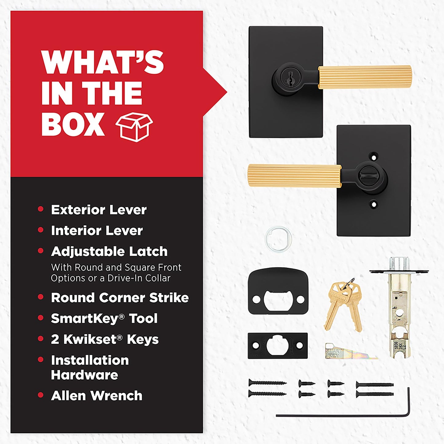 Kwikset Mirada Reeded Entry Door Handle with Lock and Key, Secure Keyed Reversible Lever Exterior, Door Lock for Front Door, Matte Black Satin Brass, Pick Resistant SmartKey Security and Microban