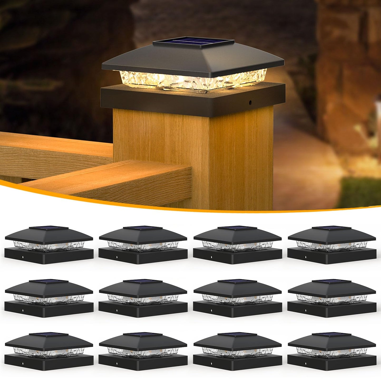 APONUO Solar Post Cap Lights for 4x4 Posts - IP64 Waterproof, 3000K LED, No-Wire Fence Lights & Deck Lights for Patio Garden Yard Patio, Black-Warm White, 12 Pack