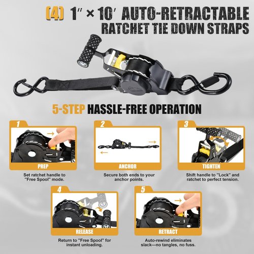 Performance Master Retractable Ratchet Straps 4 Pack 1 Inch x 10 Feet (1,500lb Break Strength) - Heavy Duty Auto Self Retracting Tie Down Straps for Truck Cargo Trailer Motorcycle SUVs Black