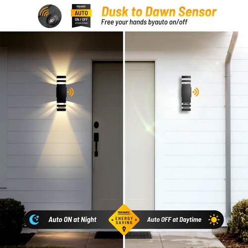 Tesjaso Modern Outdoor Wall Sconce 2-Pack, Up Down Lights Outdoor with Dusk to Dawn Sensor, Waterproof Exterior Light Fixture Wall Mount for House, Porch, Patio, Garage (E26 Bulbs Included)