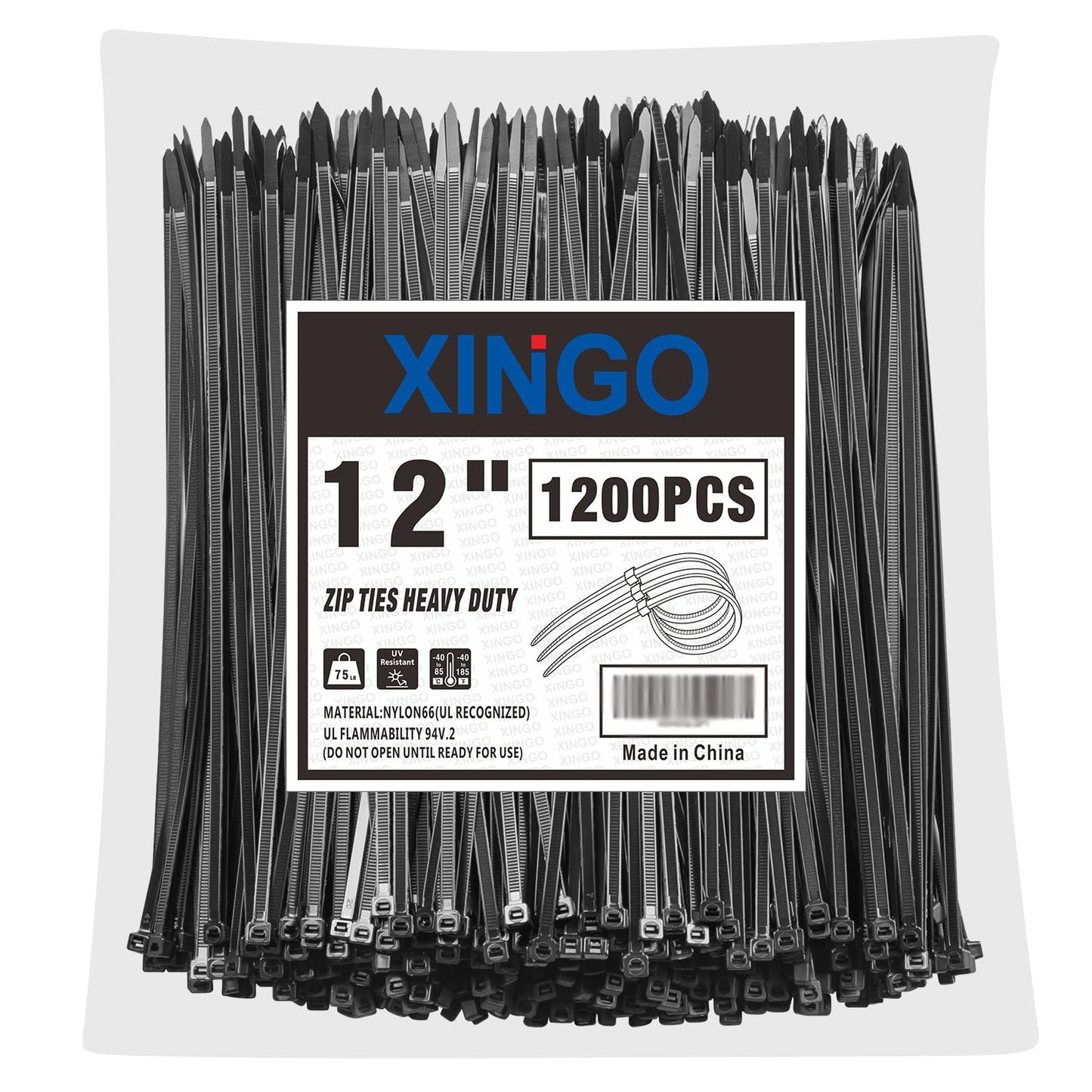 XINGO 12 Inch Black Zip Ties 1200 PCS, 75 LBS Tensile Strength, UV Resistant Cable Ties, Premium Self-locking Plastic Ties for Indoor and Outdoor Use