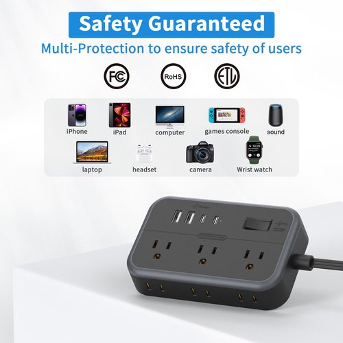 NTONPOWER Surge Protector Power Strip with 6 Outlets 4 USB Charging Station(2 USB C Port), 5 Ft Flat Extension Cord, Outlet Extender for Indoor, Home, Office Supplies, Dorm Room Essentials, Black