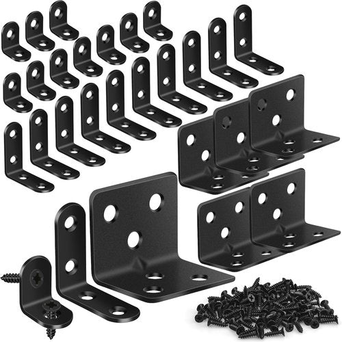 MAPVOLUT 25Pcs L Brackets for Shelves, 3 Sizes Angle Corner Braces Metal L Bracket Heavy Duty for Wood, Sturdy and Rustproof for Repairing Furniture with 82Pcs Screws Mounting Bracket Easily Black