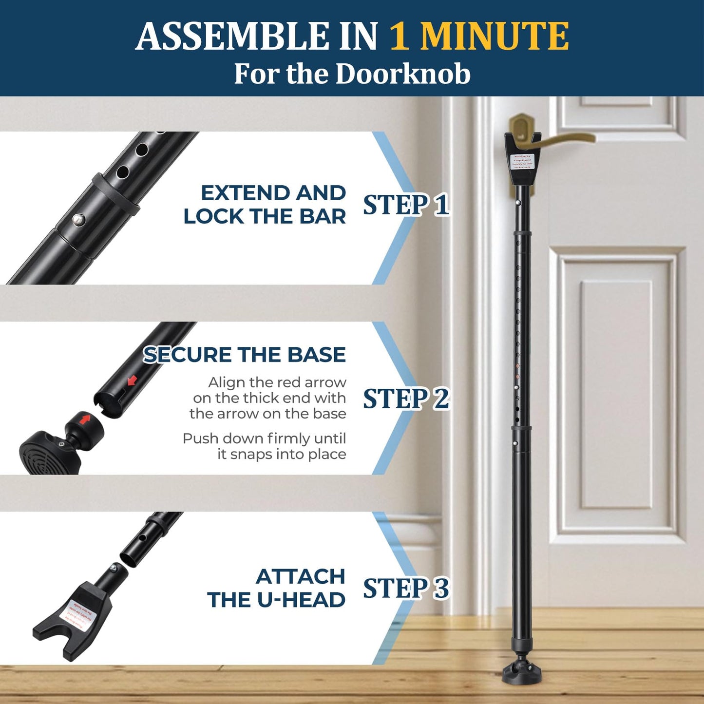3-in-1 Door Security Bar, Heavy-Duty Metal Rod Sliding Patio Door Security Bar with 2.8" Non-Slip Base, 16"-41.7" Adjustable Door Barricade Security Bars for Doors & Windows,Home,Renters,Apartments