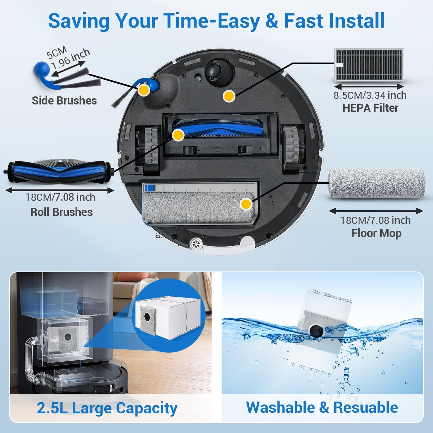 Bluevisk T80 Omni Replacement Parts for Ecovacs Deebot T80 Omni T80 Robotic Vacuum Cleaner Parts with 1 Roller Brush, 1 Mop, 4 HEAP, 6 Dust Bags, 6 Side Brushes, 1 Clean Brush Accessories