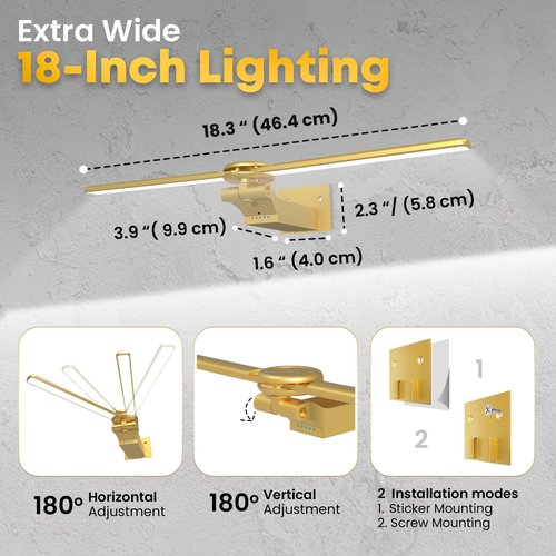 doublacy 2 Pack Picture Light for Wall, 18in Rechargeable Wall Art Light with Timer and Dimmable, Painting Frame Light with Remote Control Display for Painting, Frame, Portrait, Dartboard (Gold)