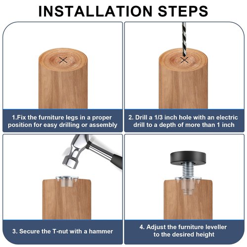 lenpestia 1/4" Thread Furniture Feet Levelers, 12 PCS Adjustable Feet Levelers, Adjustable Furniture Levelers with T-Nuts for Table, Chair, Furniture Legs