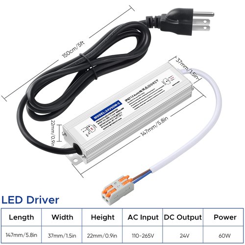 Karyoosi Waterproof IP67 24v Power Supply 60W 2.5A, 24v LED Driver, 120V AC to 24V DC Converter, with 3-Prong Plug and 4.9 Feet Cable - Ideal Power Supply for LED Strips and Lights