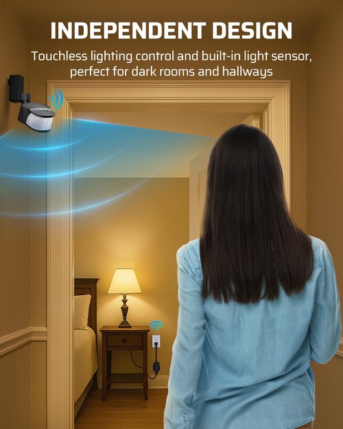 DEWENWILS Motion Sensor Outlet, Indoor Outdoor Motion Sensor Plug Outlet, Adjustable Sensing Angle,50FT Detection Range, 100FT Wireless Light Switch Transmitter, No Wiring, Long Time Delay
