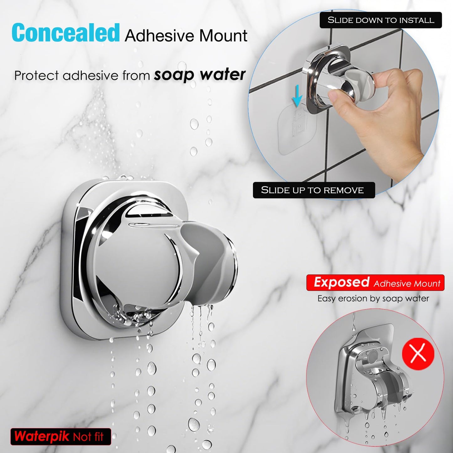 Handheld Shower Head Holder - 5 Positions Adjustable - Slide to Fit - Adhesive Mount with Screw Option, Bathroom Wall Mount Shower Hose Holder (Chrome)