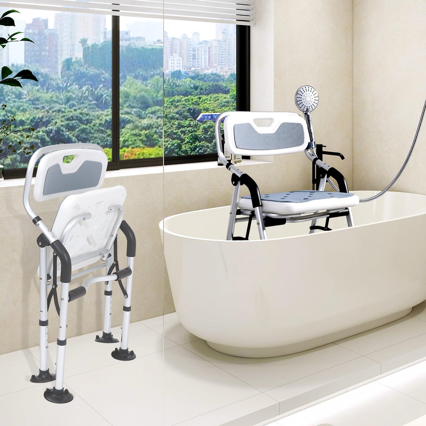 Fasjloctavty Shower Chair for Inside Shower,Foldable Shower Chair for Elderly and Disabled, Adjustable Height Chairs with Padded Arms and Back for Bathroom,Compact and Comfortable，Regular Standard