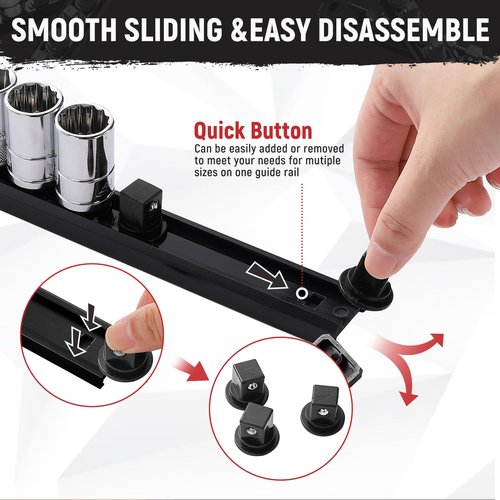 Reniteco Magnetic Socket Organizer, 1-Piece Heavty Duty ABS Socket Holder, Socket Rail for Tool Box, Premium Quality 360° Swivel Socket Rack with 12 Clips for 1/2-Inch(Black)