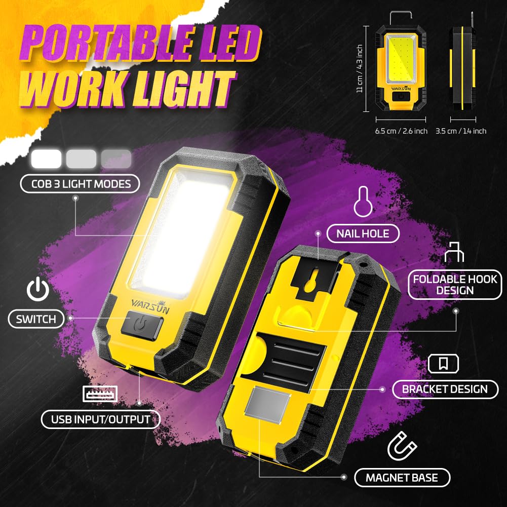 WARSUN 2 PC Portable LED Rechargeable Work Light,Magnetic Base & Hanging Hook, 30W 1200Lumens Super Bright, 5000K, for Car Repairing, Camping, Hiking, Backpacking, Fishing, Hurricane, Yellow