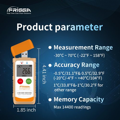 Frigga 2 Pack Temperature Data Logger LCD Single Use Digital Temperature Recorder 100 Days USB Temperature Loggers Cold Chain High Accuracy 14400 Points with PDF CSV Report,M1D