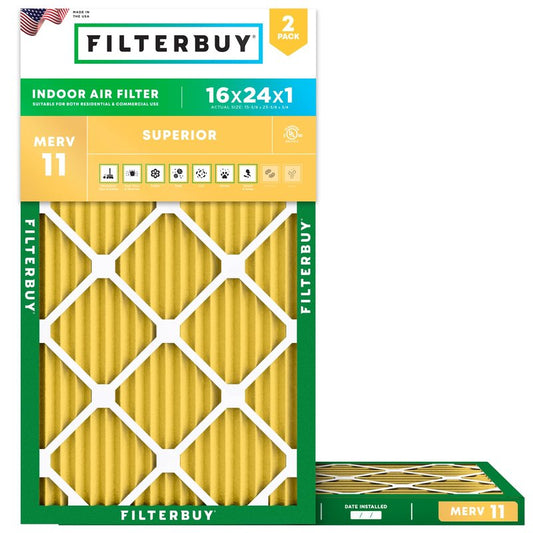 Filterbuy 16x24x1 Air Filter MERV 11 Superior Pet & Allergy Defense (2-Pack), Electrostatic Pleated HVAC AC Furnace Filters Replacement, Made in USA (Actual Size: 15.38 x 23.38 x 0.75)