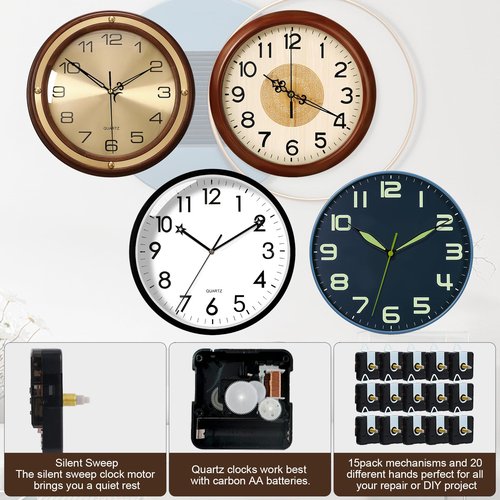 15 Pack Clock Mechanism Replacement Kit with 20 Pairs Clock Hands, Quartz Clock Movement Replacement, Clock Movement Motor Kit for Clock Repair, Replacement and Custom Clock
