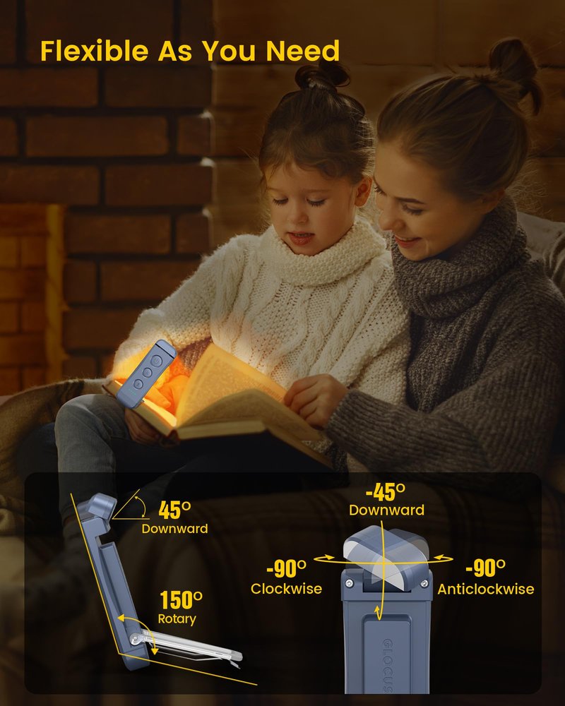 Glocusent USB Rechargeable Book Light, Portable Clip-on LED Reading Light, Reading Lights for Books in Bed with 3 Amber Colors & 5 Brightness Dimmable, Compact & Long Lasting, Book Lovers Gifts