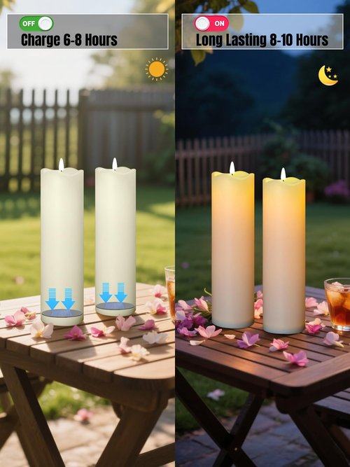 Large Flameless Candles Flickering 4"×14", Solar Candle Outdoor Waterproof, Fake Candles LED Pillar Candle, Dusk to Dawn, Electric Candles for Lanterns Porch Patio Decor (Ivory White, Set of 2)