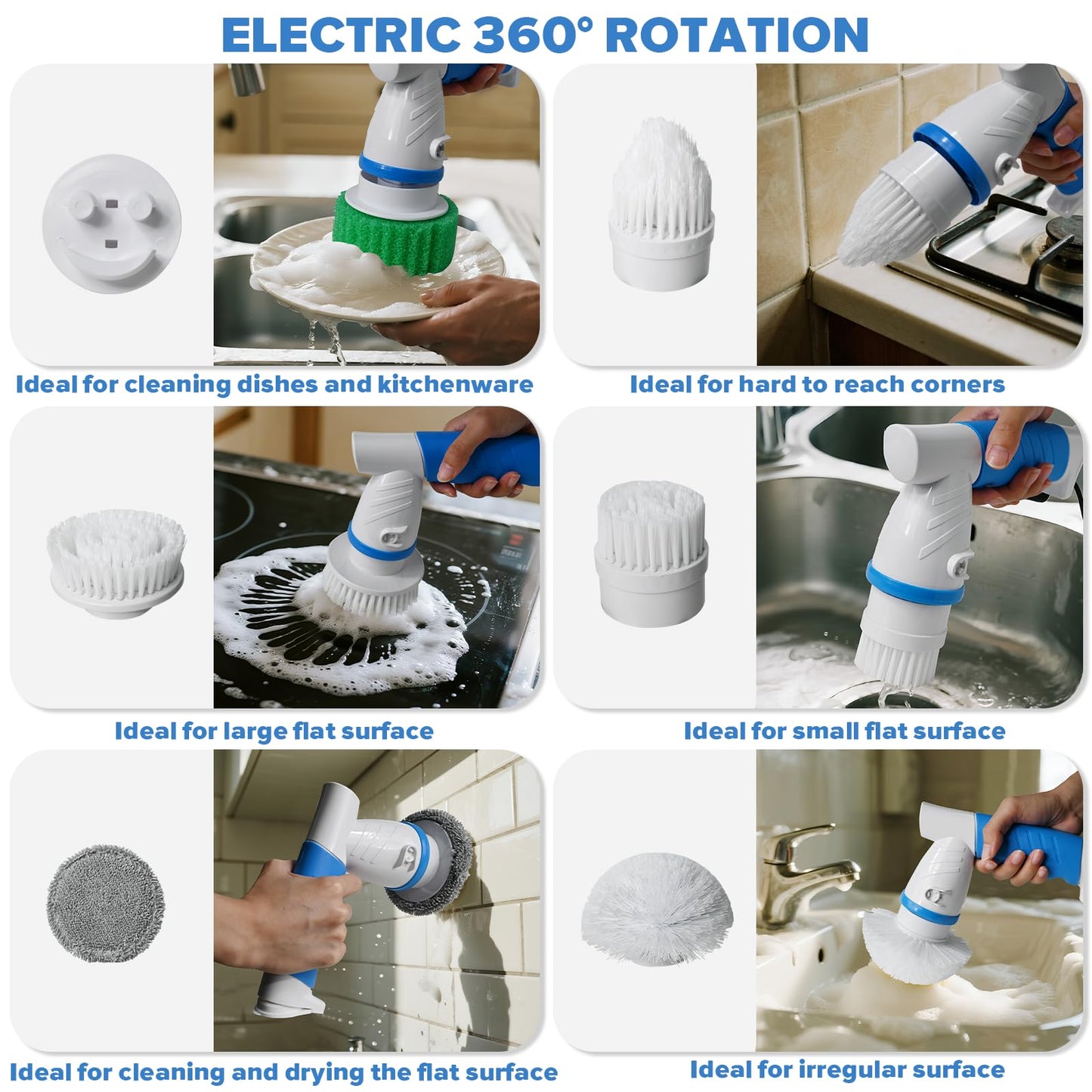 Electric Spin Handle for Scrub Daddy/Mommy Sponges with 6 Replacement Brush Heads, Power Scrubber Electric Cleaning Wand Brush for Sink/Window/Tub/Tile/Floor,Waterproof, Cordless and Rechargeable