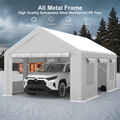 GarveeLife Heavy Duty Carport, Portable Garage with 4 Doors & 4 Window，Upgraded Carport with Reinforced Steel Poles, Uv Resistant All-Season Waterproof Tarp, for Car, Truck, Boat