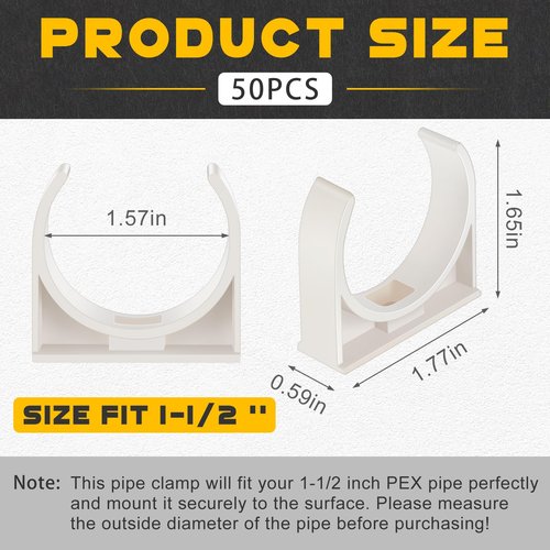 Chunful 50 Pack 1-1/2 Inch Pipe Clamps PVC Clips Pex Pipe Support Hangers Plastic U-Shaped Tubing Clamps for Tubing Hose Hanger Support, White