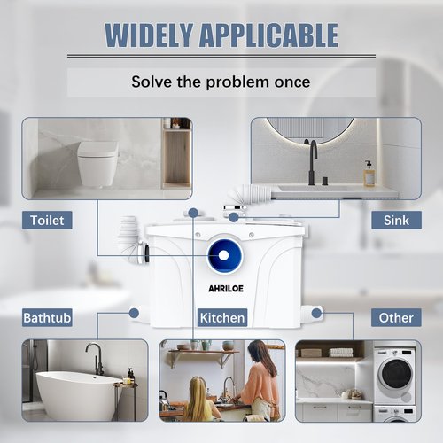 900W Macerator Pump, Macerating Toilet System with 2 Outlets/5 Inlets, Sewage Pump for Basement, Sink, Toilet, Laundry, Kitchen