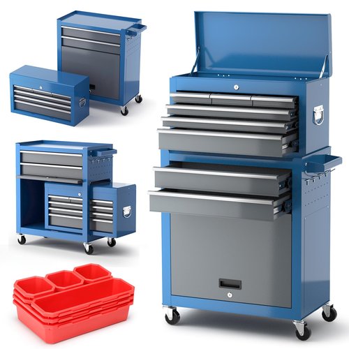 AIRAJ Tool Chest 8-Drawer,42'' Large Rolling Tool Chest with Wheels,Detachable Top Metal Tool Box,Garage Storage Cabinet for Repair Room,Warehouse,Rolling Tool Box with Hooks,Liners,Tray Divider