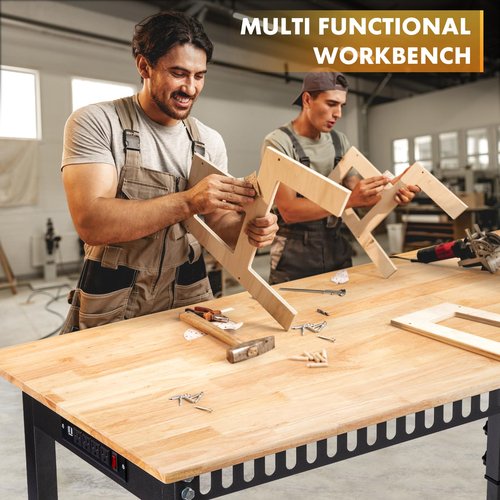 GVGBUK 48" Height Adjustable Workbench, 2000 LBS Load Capacity Rubber Wood Top Workstation, Heavy-Duty Hardwood Worktable for Garage Workshop (with Wheels and Socket,48'')