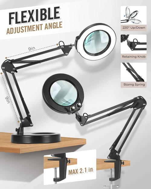 LANCOSC 10X Magnifying Glass with Light and Stand, Switch Knob for Multi-Color Modes Stepless Dimmable, LED Lighted Desk Lamp & Clamp, Hands Free Magnifier for Repair Crafts Hobby Painting Close Work