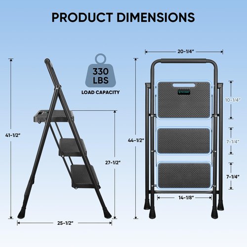 TICONN 3 Step Ladder, Heavy Duty Foldable Step Stool, Portable Steel Folding Stool for Household Garage Storage (Black)
