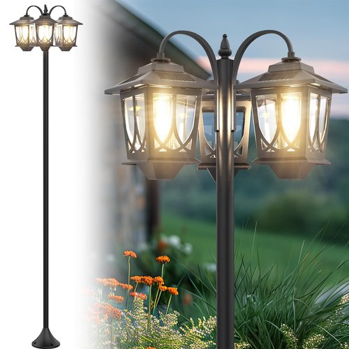 FIESTREL 73" Aluminum Solar Lamp Post Light, 3-Head Pole Lights 90LM Waterproof - Auto Dusk to Warm White Dawn Floor Lamp for Outdoor Garden Pathway Replaceable Bulb
