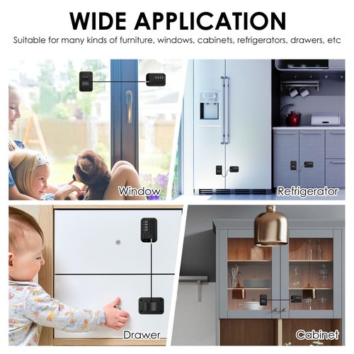 2 Pack Refrigerator Fridge Lock with Password Unlocking, Self Adhesive Childproof Cabinet Locks, Safety Fridge Freezer Door Lock for Refrigerator Cabinets Drawers Window, Black