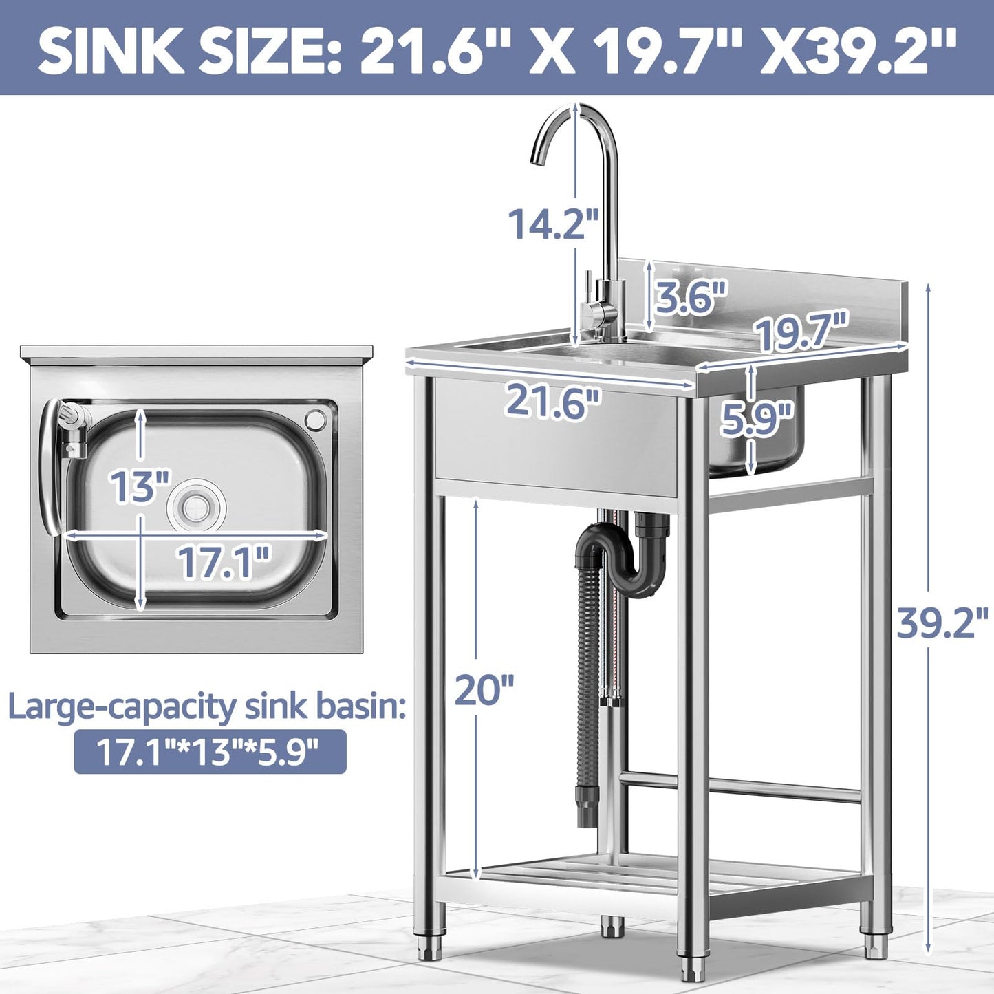 Percince Stainless Steel Utility Sink - 22in, Freestanding Single Bowl Laundry Sink with Cabinet and Cold/Hot Water Pipe, Utility Sink for Laundry Room, Garage Indoor and Outdoor (22inch)