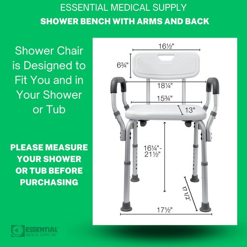Essential Medical Supply Height Adjustable Shower and Bath Bench with Back, Padded Arms and Textured Seat - Perfect Shower Chair for Inside Shower or Tub for Seniors and Adults - Supports 300lbs.