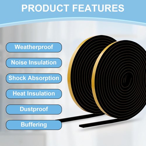 PackYard Weather Stripping Door Seal Strip, Strong Adhesive, Lightproof, Noise-Reduction, Weatherproof Foam Tape Insulation Weather Stripping Door Seal Foam Tape for Doors Windows 1/2 in W x 1/4 in T