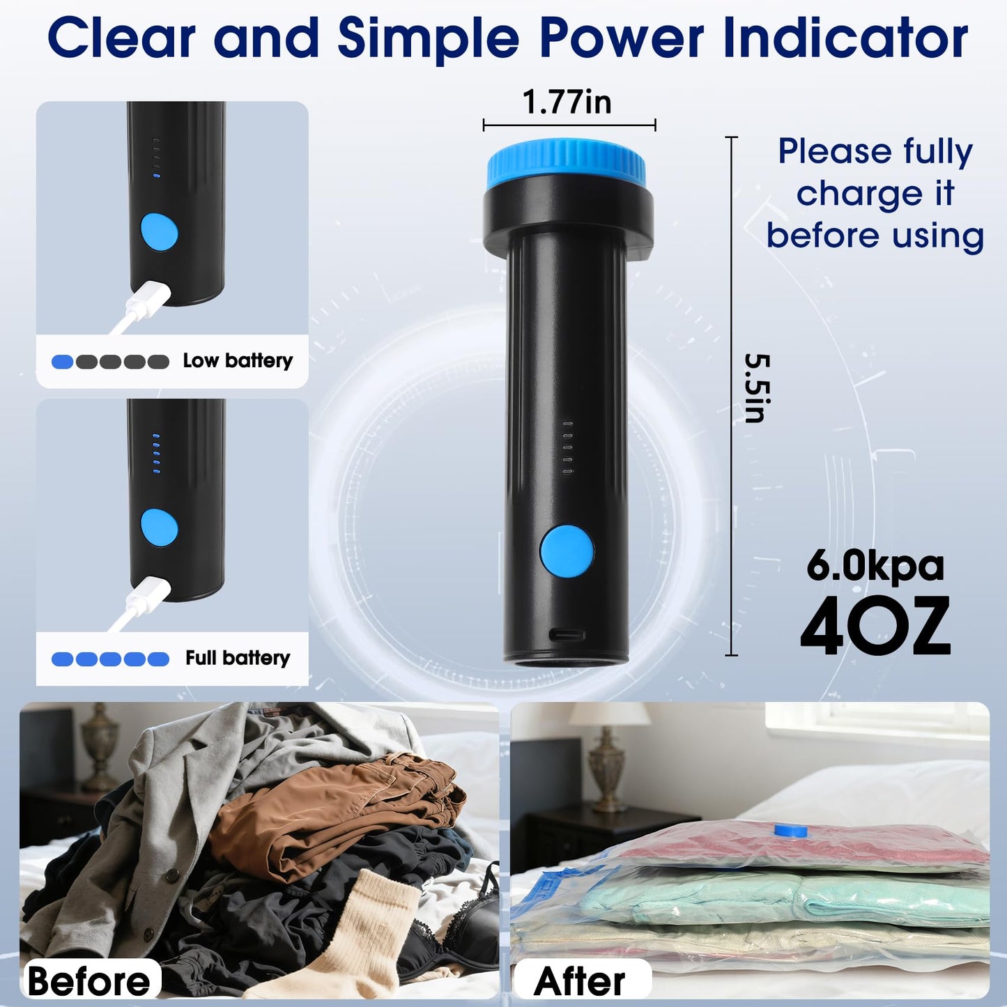 Eunhdet 6.0Kpa Cordless Electric Vacuum Pump for Storage Bags, USB Rechargeable Portable Vacuum Sealer for Travel Air Pump Compression Bag Pumps for Clothes Blankets Bedding, Blue Black (No bags)