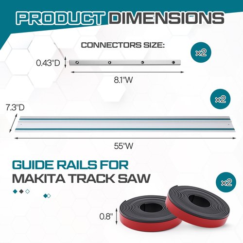 Threlaco 110" Track Saw Guide Rail Joining Set Compatible with Makita, Include 2 x 55" Extruded Guide Rails, Connectors, Splinter Guard Replacement Strip Bars Circular Track Saw Accessories