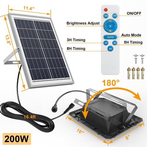 TFKK 200W Solar Street Light Waterproof, 16ft Wire 20000LM LED Security Flood Lights Outdoor, Automatic Dusk to Dawn Solar Lights Outdoor for Outside Garden Yard Path Parking Lot