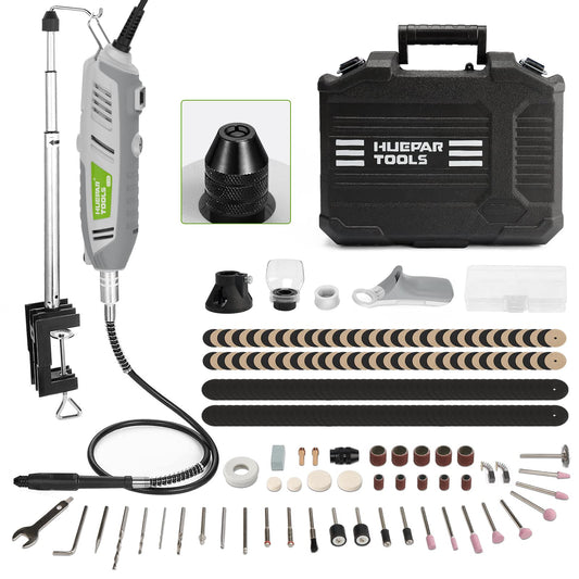 Rotary Tool Kit, 200W 1.8 AMP Huepar Tools with Flex Shaft 239pcs Accessories include MultiPro Keyless Chuck, 6 Variable Speed 10000-40000RPM Electric Drill Set for Crafting Projects and DIY Creations
