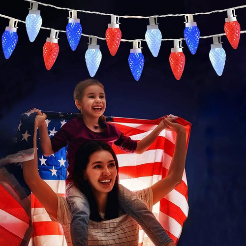 Fonusty Red White and Blue Lights 25Ft C9 Strawberry Christmas Lights 25 LED Bulb 4th of July Light Plug in Patriotic Light for Indoor Outdoor Patio Home Independence Day Memorial Day Christmas Decor