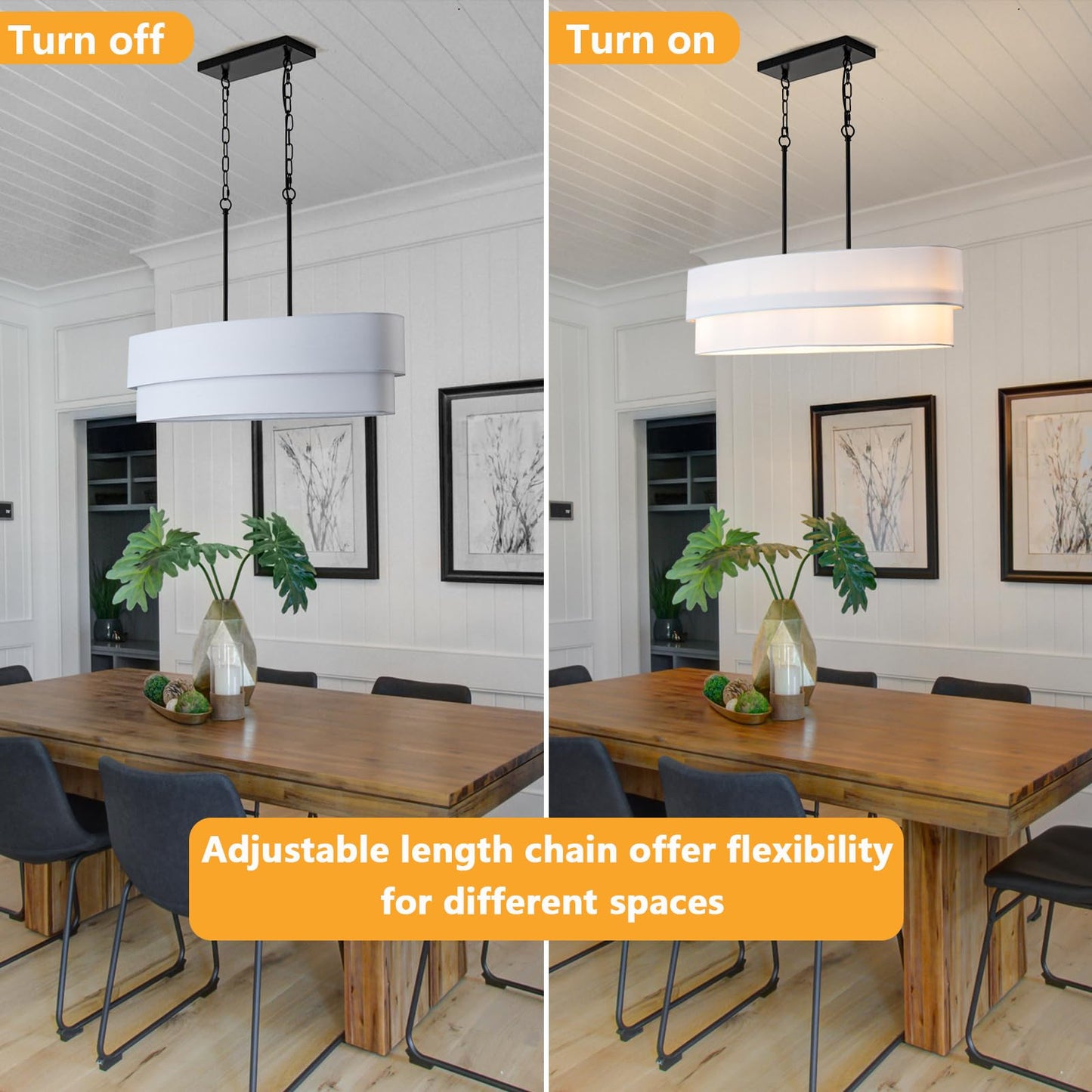 DWLGIGH 33.4" Modern Dining Room Chandelier, 4-Light Linear Chandelier with White Double Oval Linen Shade Large Hanging Pendant Light for Over Table Entryway Foyer Kitchen Island Light Fixture, E26