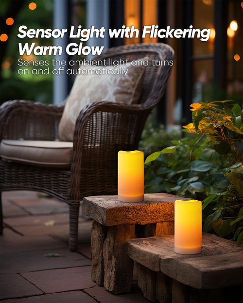 Homemory Solar Candles Outdoor Waterproof, 3"x6" Rechargeable Solar Powered Lights, Flameless Flickering Dusk to Dawn Sensor Outdoor Pillar Candles for Lanterns, Garden, Patio, Porch, Set of 2